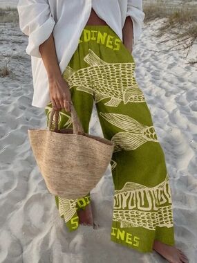 NWOT TikTok Viral Sardine Olive Green Wide-Leg Printed Pants